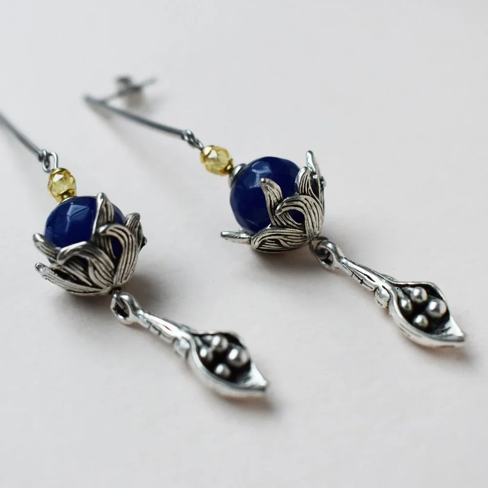 Long massive earrings silver tone, unusual floral dangles